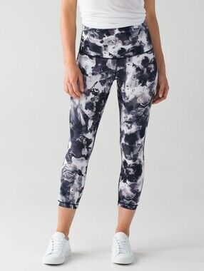 Lululemon High Times Black High Rise Floral Rose Cut Out Luxtreme Crop Leggings